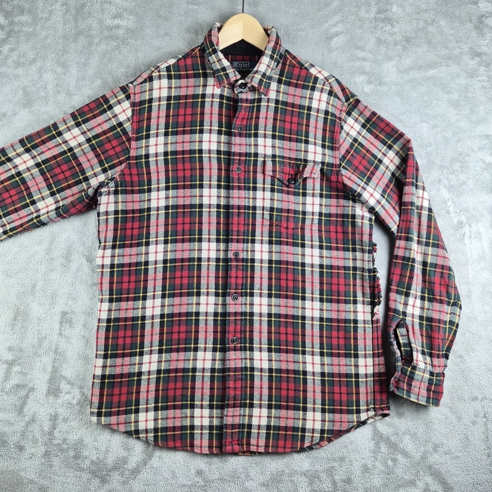 Polo By Ralph Lauren Shirt Mens Large Red White Green Plaid Flannel‎ Thick Heavy